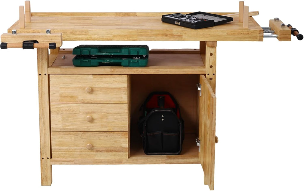 Wood Workbench - 55-Inch Acacia Hardwood Workbench with Drawer - Heavy Duty Work Bench Table, with Bar Clamps Set 24 inch x 4-3/4 inch Throat,Pack of 2, for Garage, Workshop, Home Storage