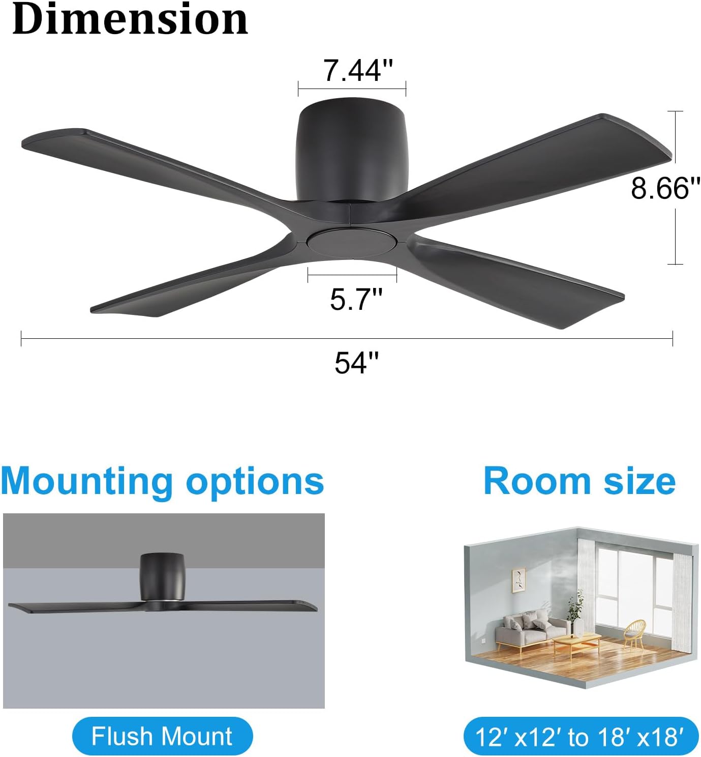 WINGBO 54 Inch Ceiling Fan Without Light, Solid Wood Flush Mount Ceiling Fan with Remote Control, Reversible DC Motor, 4 Blades, 6-Speed Quiet Performance, for Bedroom & Living Room, Black