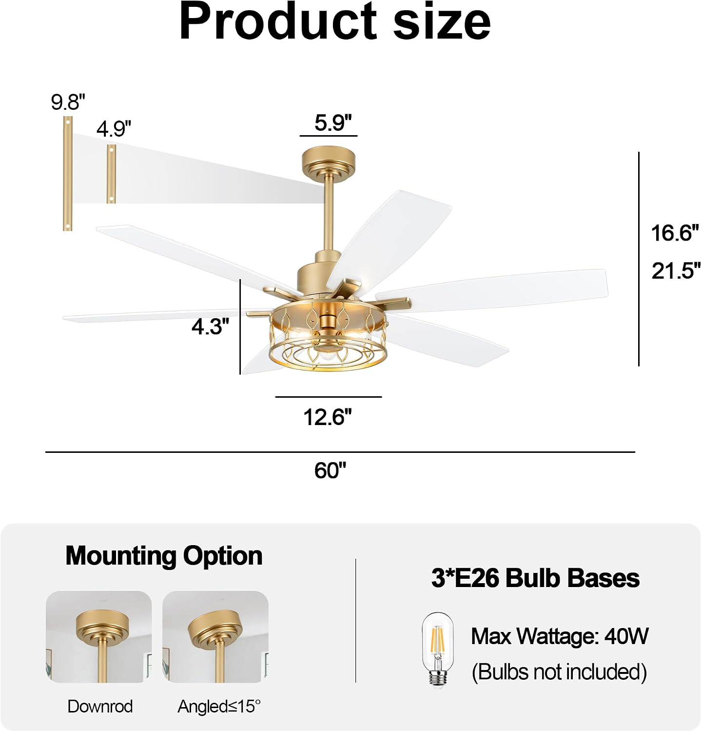 White and Gold Ceiling Fan with Lights 60 Inch Fandelier Ceiling Fan Gold Caged Chandelier Modern Fandeliers with Lights and Remote for Living Room Indoor Outdoor, Reversible 6 Speeds