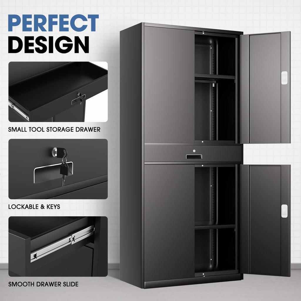 DNA Motoring 71'' Metal Storage Cabinet, Locking Tool Cabinet with 1 Drawer and Adjustable Shelves, Lockable Heavy Duty Metal Locker for Garage,Office,Home,Gym, Black, TOOLS-00629-BK-BK-A