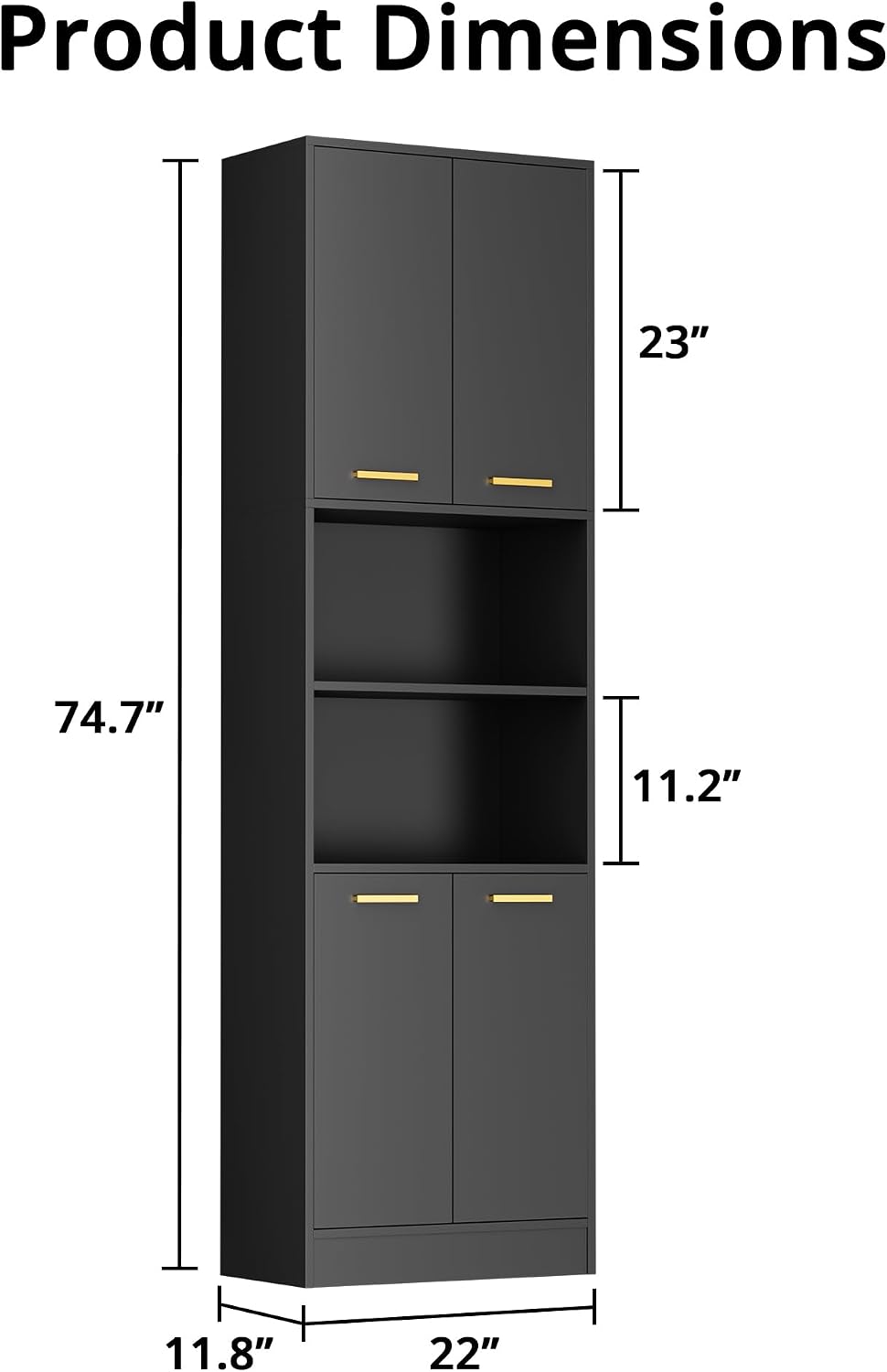 Cozy Castle Kitchen Pantry Cabinet, 75' Tall Wood Storage Cabinet with Doors and Shelves, 4 Doors Open Countertop Utility Hutch Cupboard for Dining Room Living Room Bathroom Furniture, Black