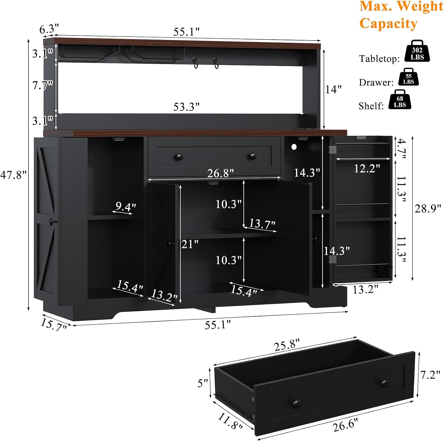 VVFLU Hutch Storage Buffet Cabinet with Drawers, and Charging Station, Coffee Bar Cabinet with Barn Doors, Wine Rack and Hooks, White Wood Sideboard Buffet for Kitchen, Dining Room, 47.8' High