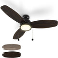 SMAAIR 48 Inch Indoor Ceiling Fans with Pull Chain, Modern Ceiling Fans with LED Lights, Dimmable, 3-Peed Quiet DC Motors, 3 Blades for Bedroom, Reversible, Wooden/Walnut