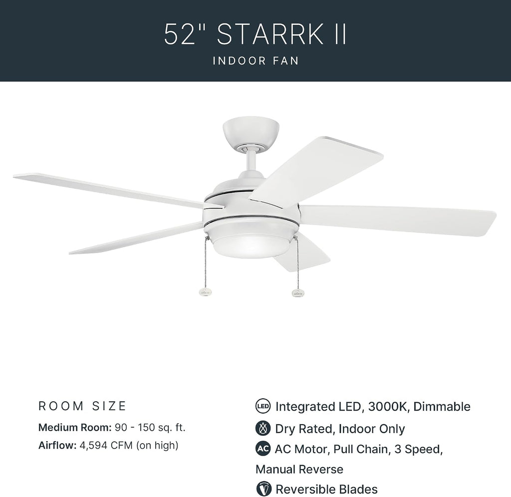 Kichler Starkk 52 in LED Ceiling Fan with Light, 5 Blade Modern White Ceiling Fan with Integrated LED Light and Downrod for Bedroom, Living Room, Kitchen, Dining Room, 330174MWH