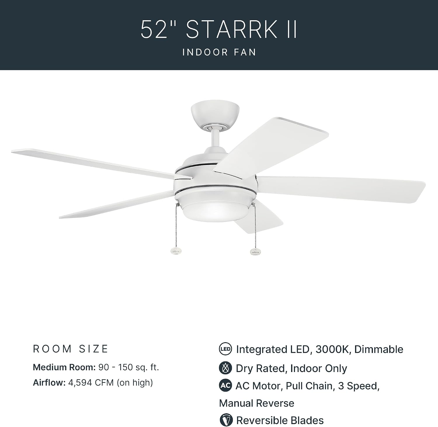 Kichler Starkk 52 in LED Ceiling Fan with Light, 5 Blade Modern White Ceiling Fan with Integrated LED Light and Downrod for Bedroom, Living Room, Kitchen, Dining Room, 330174MWH