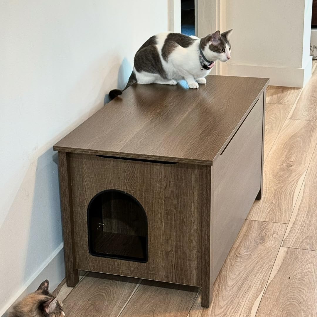 Parker Designer Cat Litter Box Enclosure – Hidden, Dog-Proof Pet Furniture with Lid, Elegant & Odor-Contained for Large Cats, Light Brown