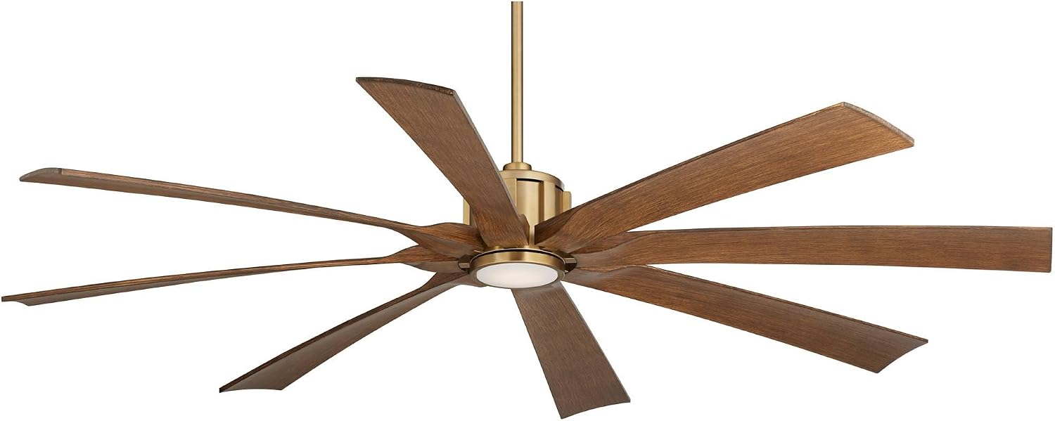 Possini Euro Design 70' Defender Large Modern Indoor Outdoor Ceiling Fan 8 Blade LED Light Remote Control Soft Brass Finish Motor Brown Koa Finish Blades Bedroom Patio Living Room Damp Rated