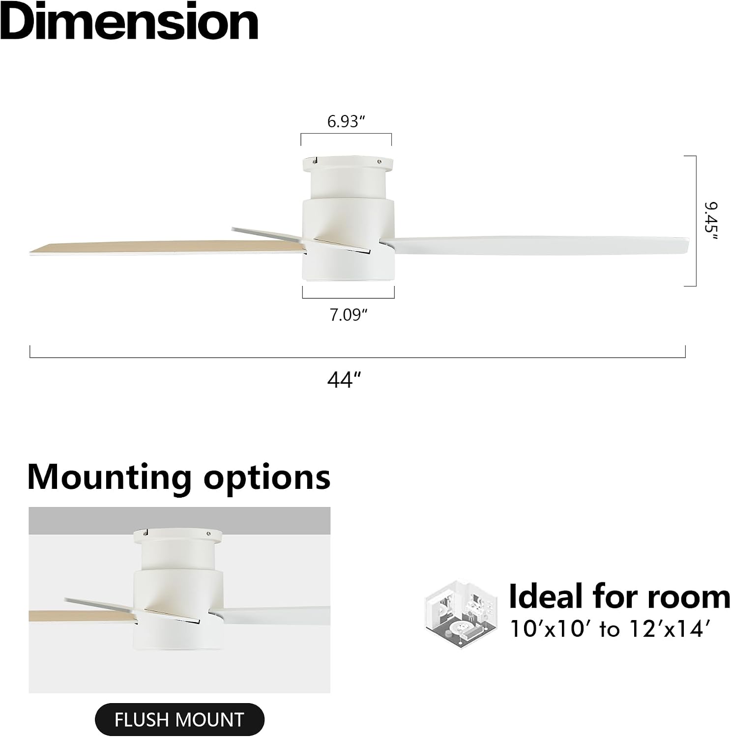 WINGBO 44' Flush Mount DC Ceiling Fan without Lights, 4 Reversible Blades in White/Oak Finish, Ultra Quiet 6-Speed DC Motor, Hugger Low Profile Ceiling Fan No Lights for Bedroom, Indoor/Outdoor Use