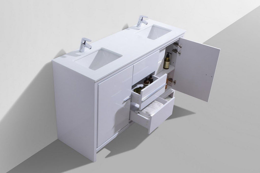 KubeBath Dolce 60 in. Freestanding Double Sink Modern Bathroom Vanity with White Quartz Countertop and Cabinet Color Options