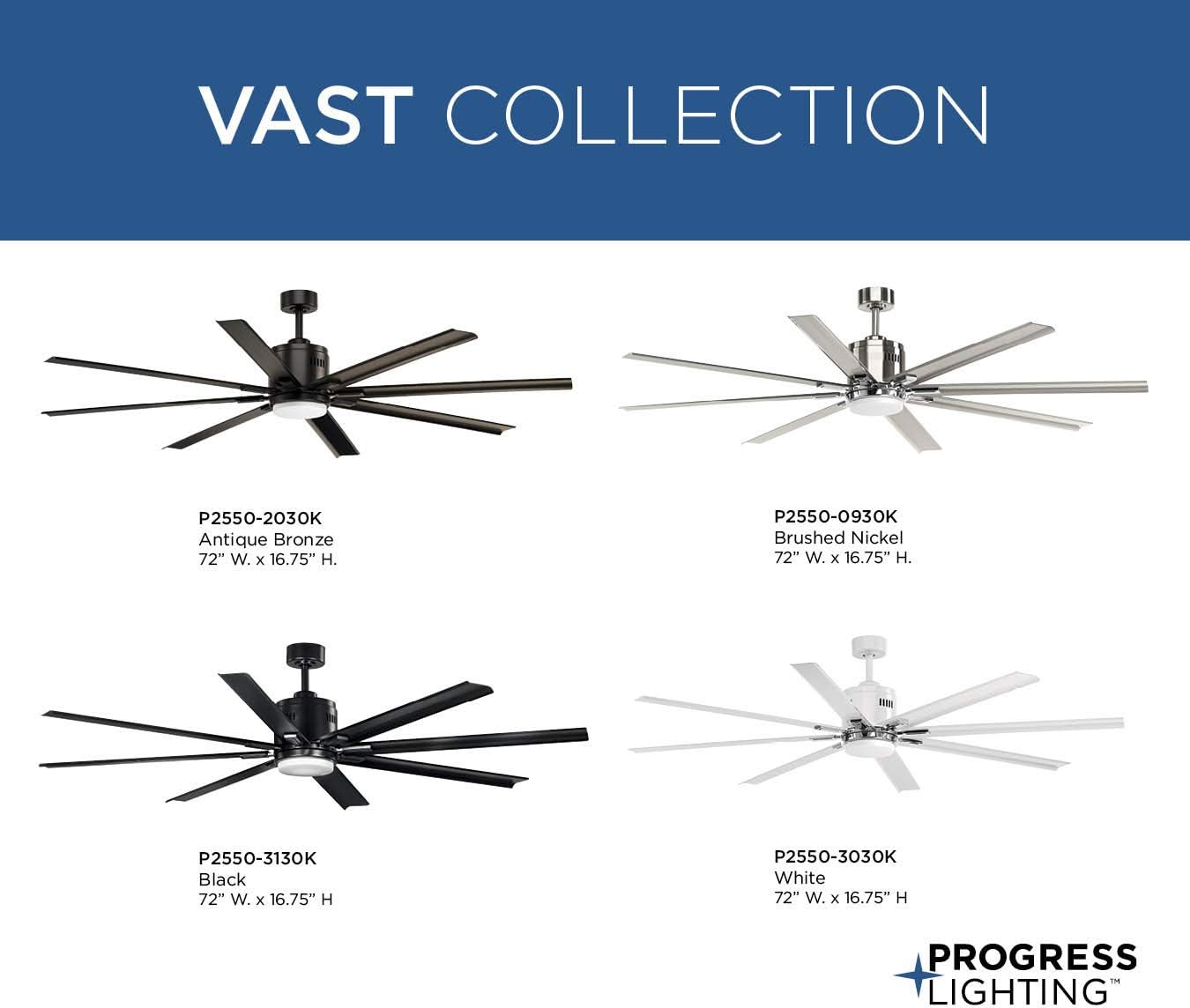 Progress Lighting Vast Collection 72-Inch 8-Blade Gray Modern Ceiling Fan, Nickel