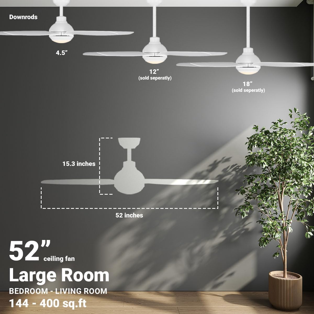 kathy ireland HOME 52' Yonas Ceiling Fans with Lights & Remote, Coastal Rated Indoor/Outdoor, Energy-Efficient 6-Speed DC Motor, Dimmable LED, Modern Design, Matte White KICF58316