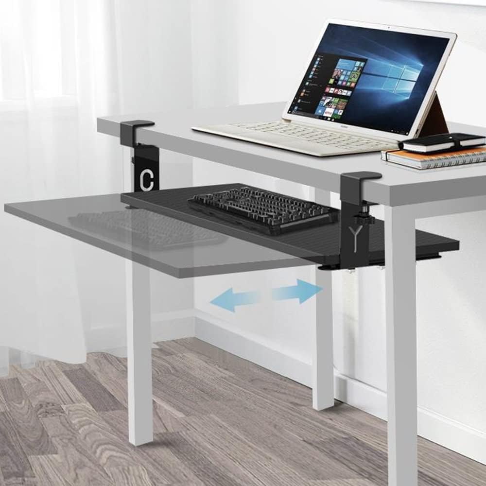 Pull-Out Keyboard Wood Keyboard Tray Under Desk Ergonomic Keyboard Drawer 64Cm/24Inch Keyboard Slide with C Clamp/Black (Walnut)