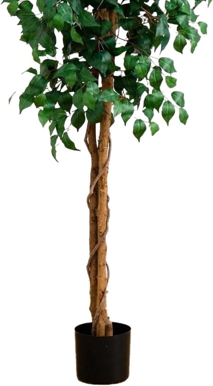 Nearly Natural 8ft Triple Trunk Artificial Ficus Tree with Natural Wood Trunks, Fake Tree for Indoor Home Décor, Faux Ficus Tree with Black Nursery Pot