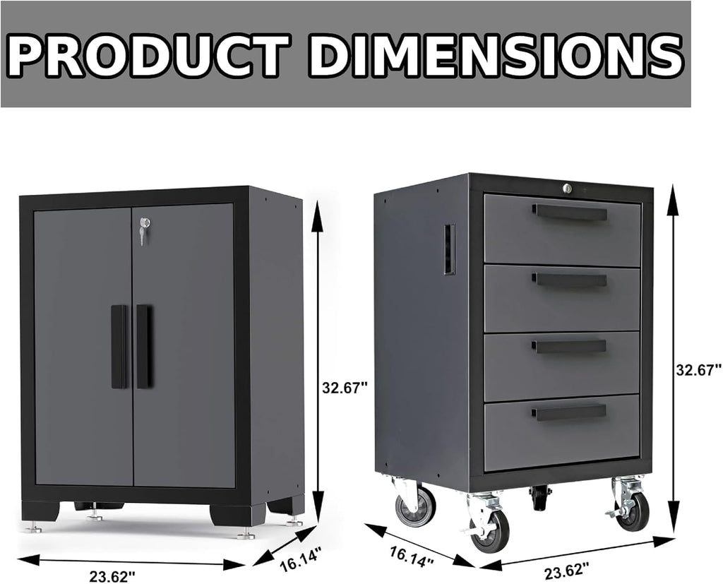 Torin 12 Piece Garage Storage Cabinet Set: Workshop Tool Organizer Chest with Lockers, Shelves and Wood Workbench, Black/Grey