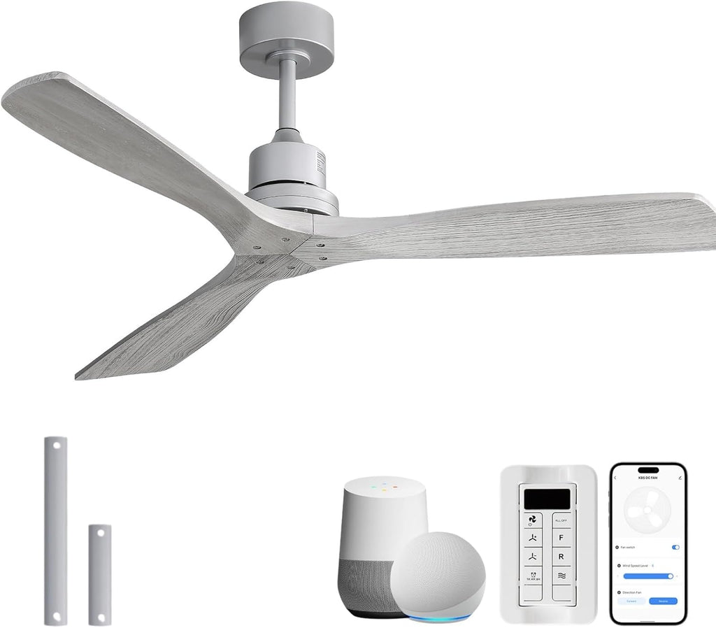 Sofucor 52 Inch Smart Ceiling Fans without Light-Modern Solid Wood Outdoor 3 Blades Ceiling Fan No Light APP Remotel Control for Bedroom Living Room Indoor Farmhouse Patio, Quiet DC Motor,Silver&Grey