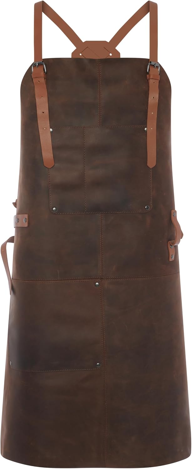 Theodore Premium Top Grain Leather Apron with Cross‑Back for Men & Women – 32.5″ × 24.5″ Heavy‑Duty BBQ, Cooking, Woodworking Apron with Two Large Tool Pockets