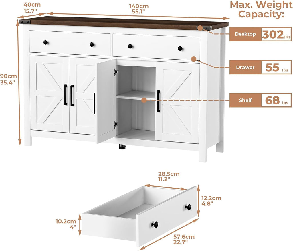 VVFLU 55' Modern Farmhouse Buffet Cabinet with Storage, Coffee Bar Cabinet with 2 Drawers and 4 Barn Doors, Sideboard Storage Cabinet for Kitchen, Dining Room, Living Room, White Wood