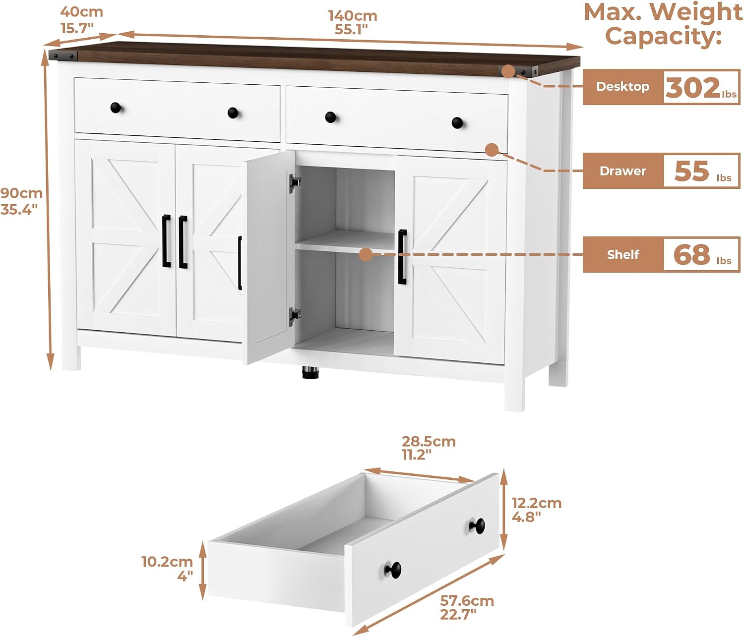 VVFLU 55' Modern Farmhouse Buffet Cabinet with Storage, Coffee Bar Cabinet with 2 Drawers and 4 Barn Doors, Sideboard Storage Cabinet for Kitchen, Dining Room, Living Room, White Wood