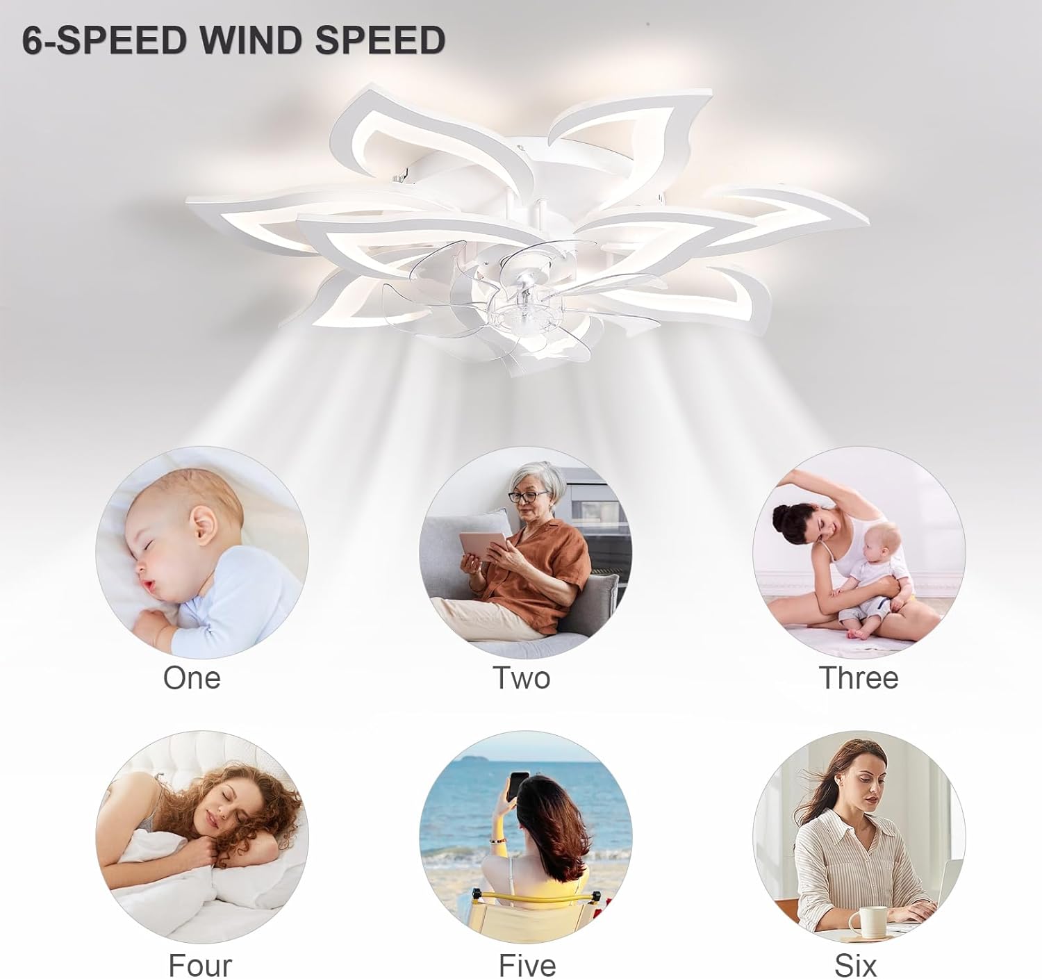 32' White Flower Ceiling Fan with Lights Remote Control, Modern LED Low Profile Flush Mount Ceiling Fan with Light for Kitchen Bedroom Living Room