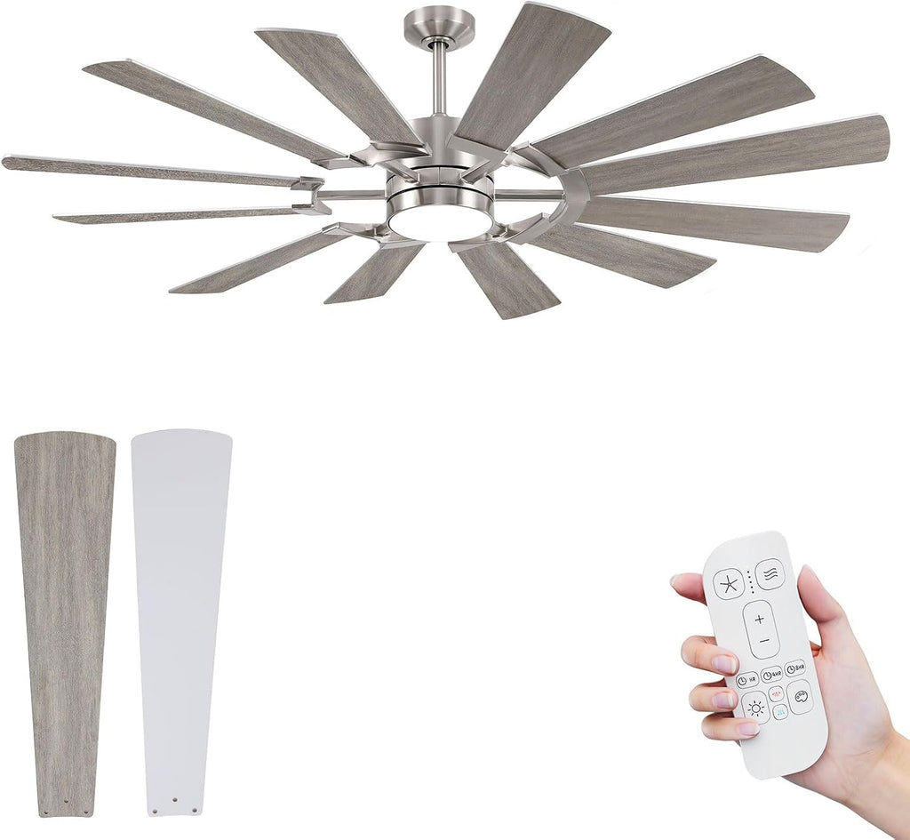 62 Inch Ceiling Fan with Light Remote, Modern Farmhouse Industrial 12 Blade(Sliver/Oak), High CFM Quiet Reversible DC Motor, Damp Rated Indoor Outdoor Ceiling Fans for Patios Garage Porch Barn Gym