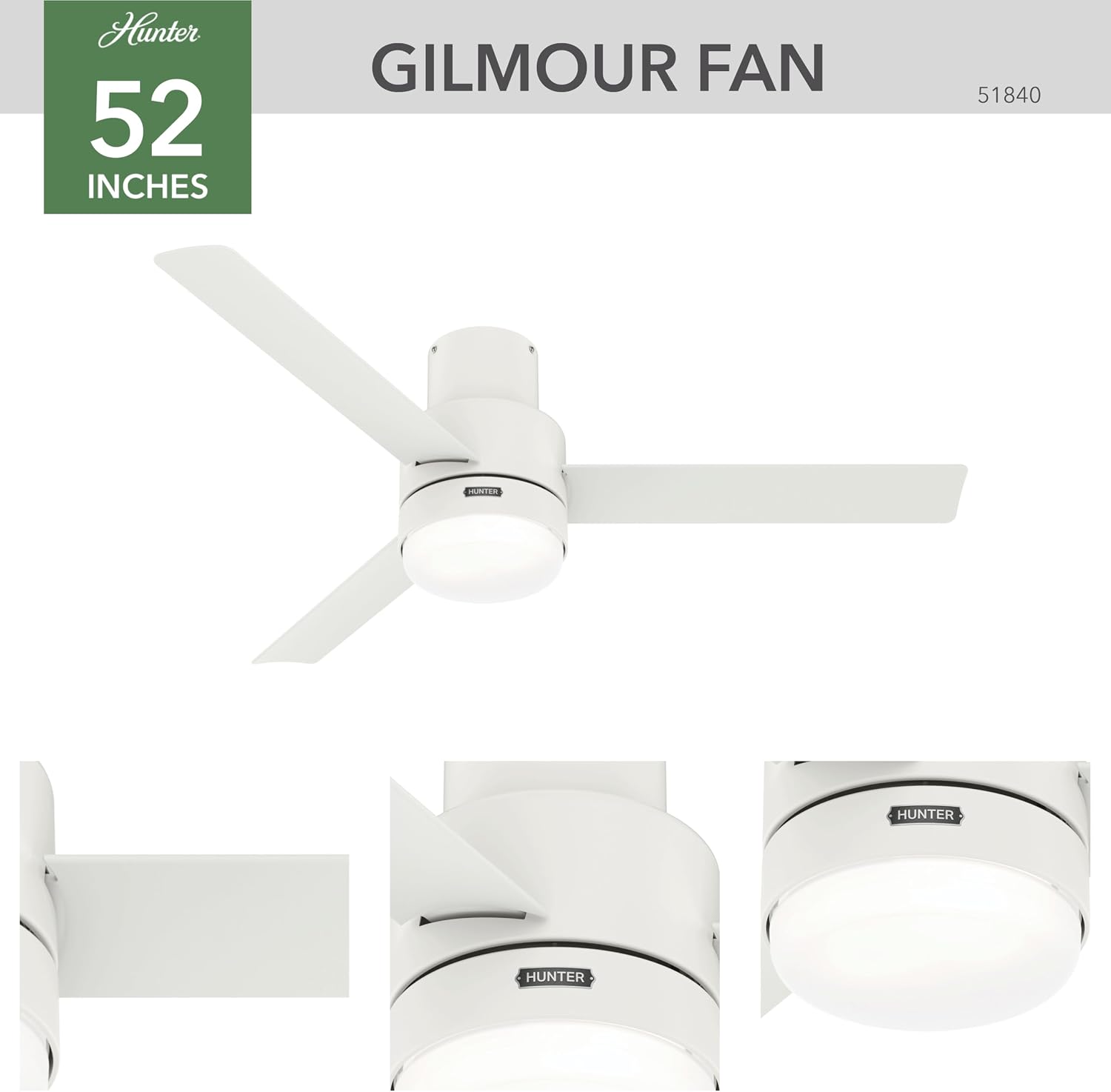 Hunter 52 inch Outdoor or Indoor Ceiling Fan with LED Light and Remote Control - Low Profile Mount Ceiling Fan, 3 Blades, For Patio, Porch, Garage, or Living Room, Quiet - Gilmour 51840, Matte White
