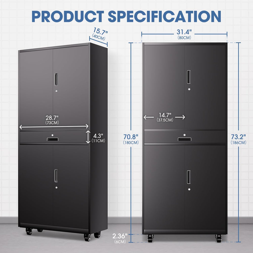 DNA Motoring 73'' Metal Storage Cabinet, Rolling Garage Cabinet with 1 Drawer and Adjustable Shelves, Lockable Heavy Duty Metal Locker for Garage,Office,Home,Gym, Black, TOOLS-00630-BK-BK-A