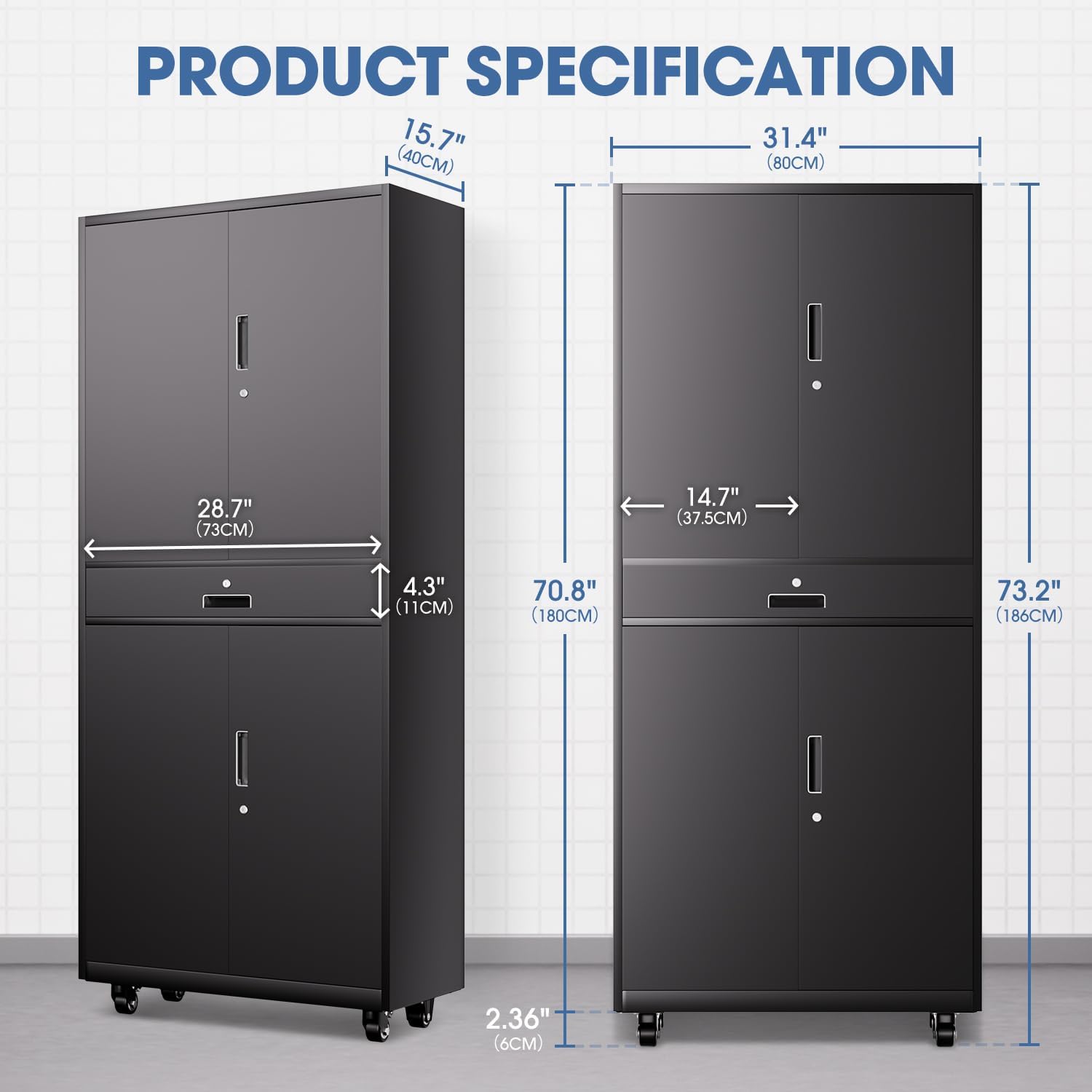 DNA Motoring 73'' Metal Storage Cabinet, Rolling Garage Cabinet with 1 Drawer and Adjustable Shelves, Lockable Heavy Duty Metal Locker for Garage,Office,Home,Gym, Black, TOOLS-00630-BK-BK-A