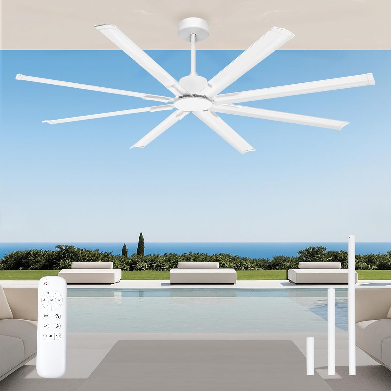 Minislak 72 Inch Ceiling Fan Without Light with 8 White Aluminum Blades,Industrial Ceilin fan with Remote,6 Speed,Quiet DC Motor,Large Outdoor Indoor Ceiling Fan for Patio,Garage,Living Room