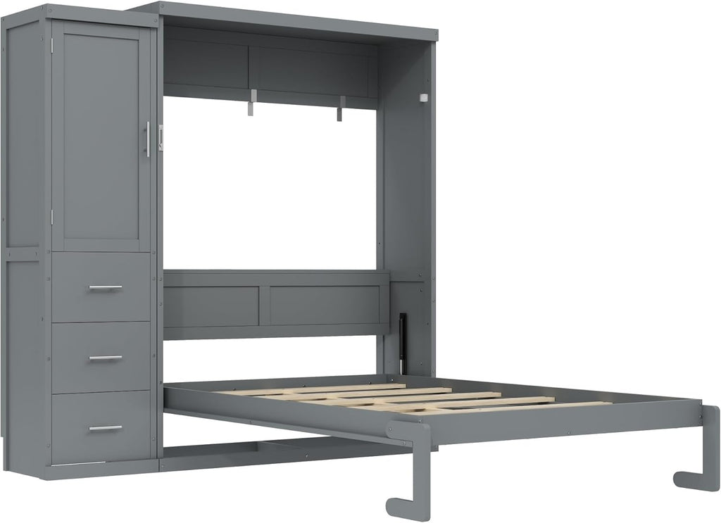 SOFTSEA Full Size Murphy Bed with Wardrobe and Storage Drawers, Farmhouse Wood Hidden Wall Bed Frame, Can be Folded into a Cabinet, No Box Spring Needed, Grey