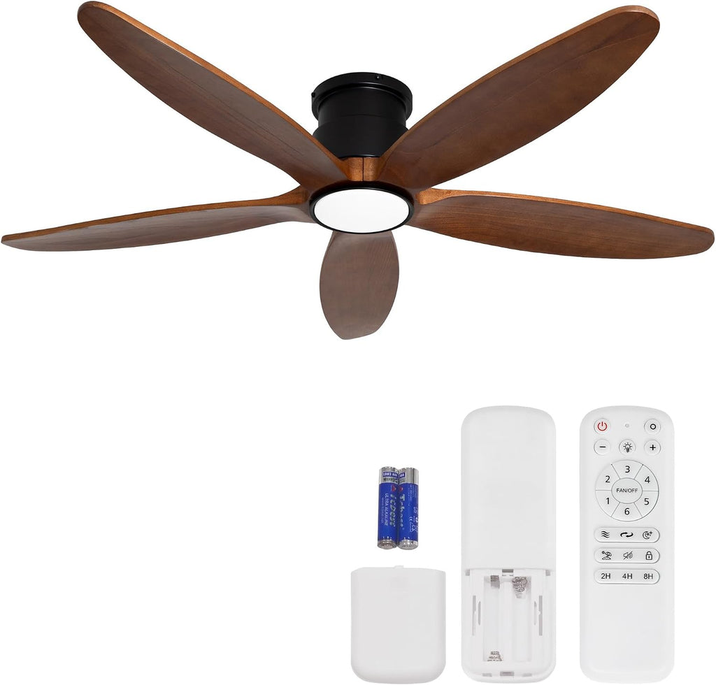 Ceiling Fan with Lights, 52Inch Flush Mount Ceiling Fan with Remote Control, 5 Wood Blades, DC Motor,3CCT,Walnut Wooden Ceiling Fans for Bedroom, Living Room, Home Office,Indoor