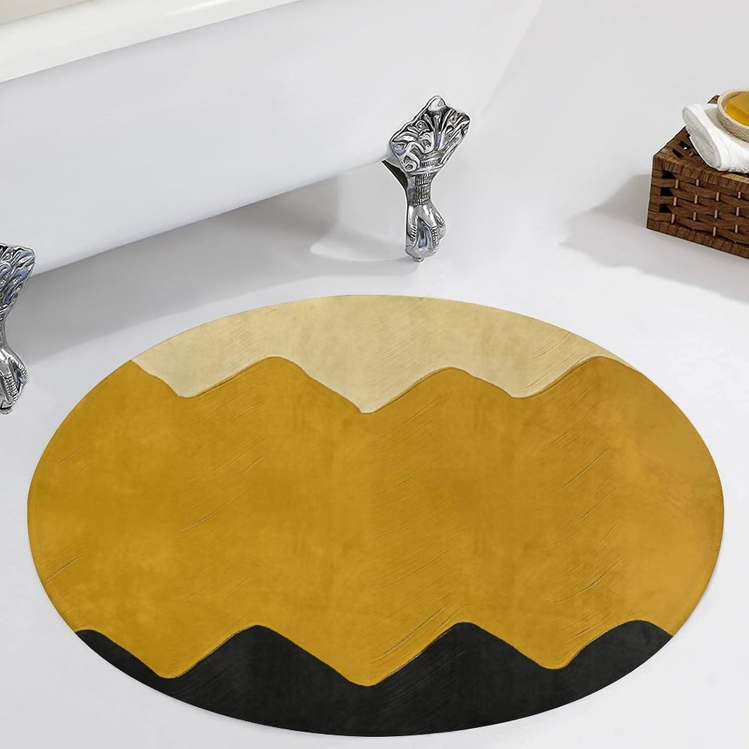 Mustard Yellow and Black Coral Velvet Round Floor Mat Non-Slip Bath Rug Floor Covering for Bathroom Vanity Guest Suite & Vacation Home