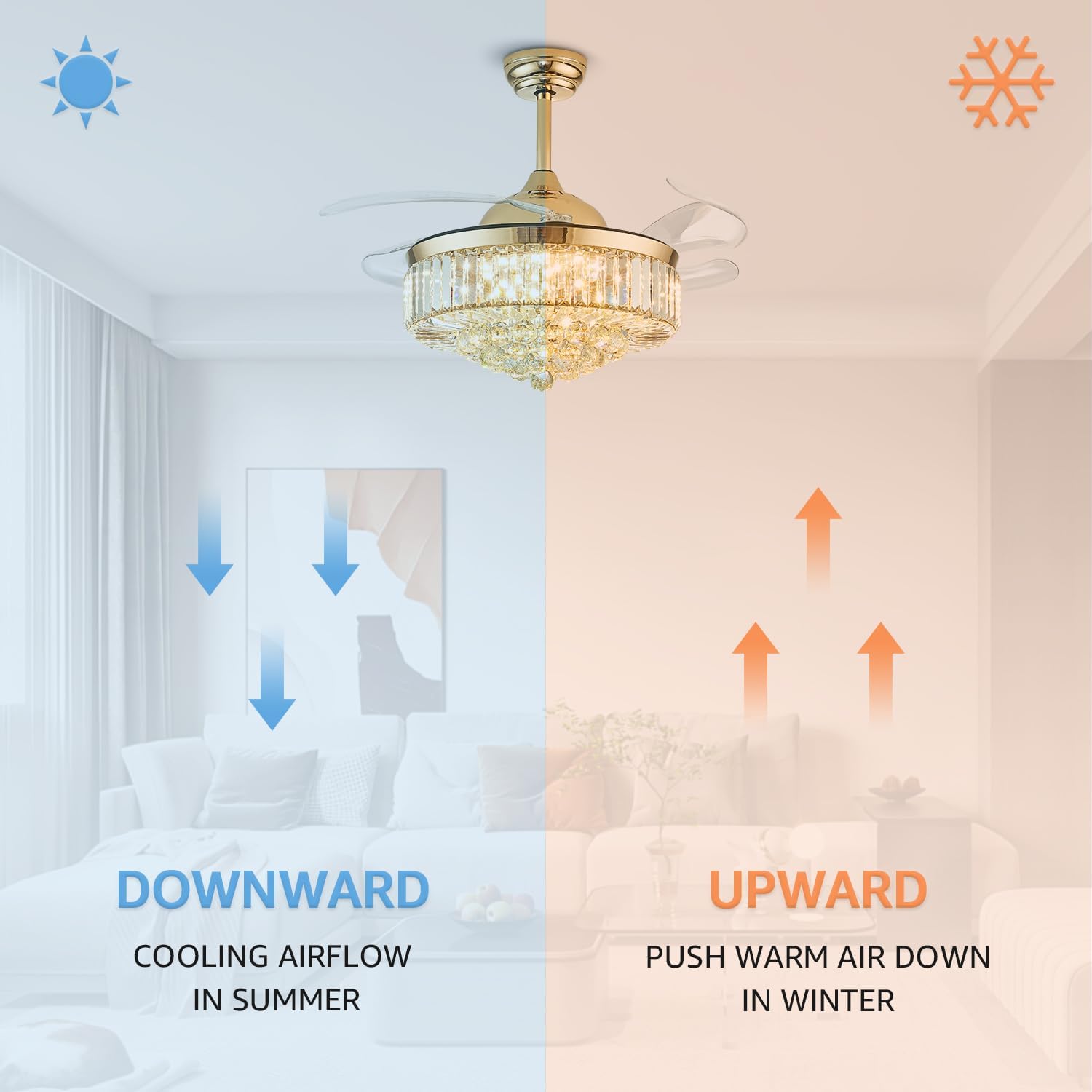 42 Inch Crystal Ceiling Fan with Light and Remote Modern Gold Dimmable Fandelier Invisible Retractable Chandelier Fan for Bedroom Living Room Dining Room