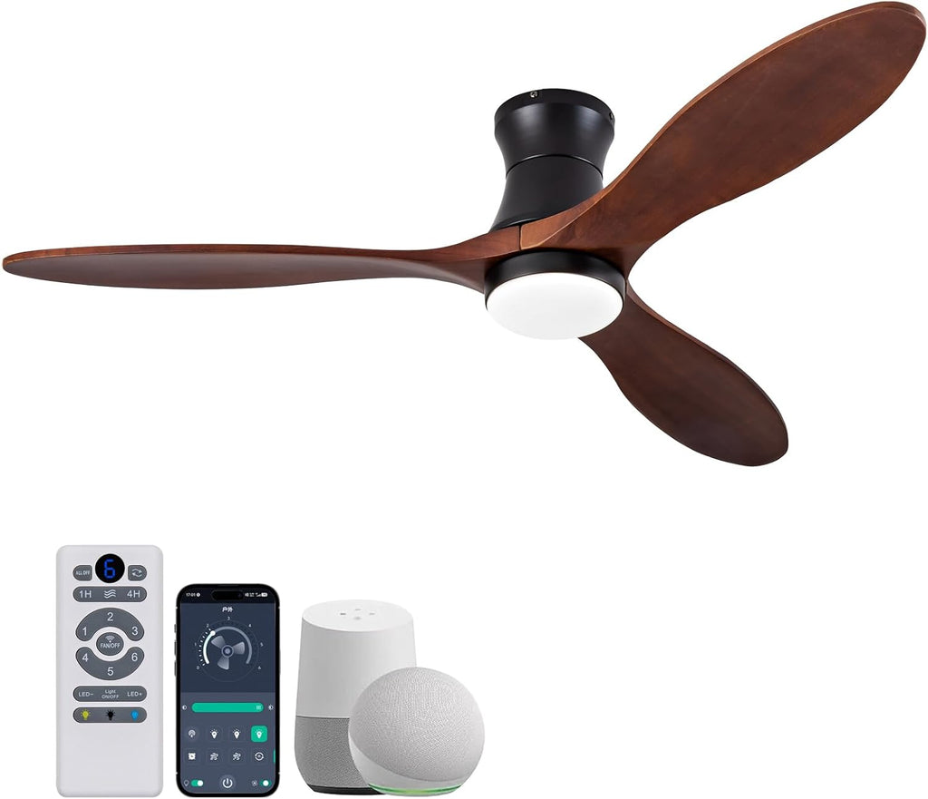 52' Smart Ceiling Fans with Lights and Remote, Compatible with Voice WIFI Alexa App Control,Solid Wood Blades,Reversible,6 Speed,Dimmable,Indoor/Outdoor Ceiling Fans for Living Room,Bedroom,Patio
