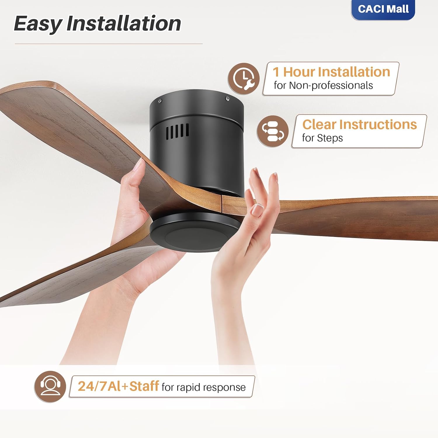 CACI Mall 52 Inch Smart Ceiling Fan without Light, Flush Mount, 3 Blades Solid Wood, Low Profile, Modern, Outdoor/Indoor Ceiling Fans No Light for Bedroom/Farmhouse/Patio