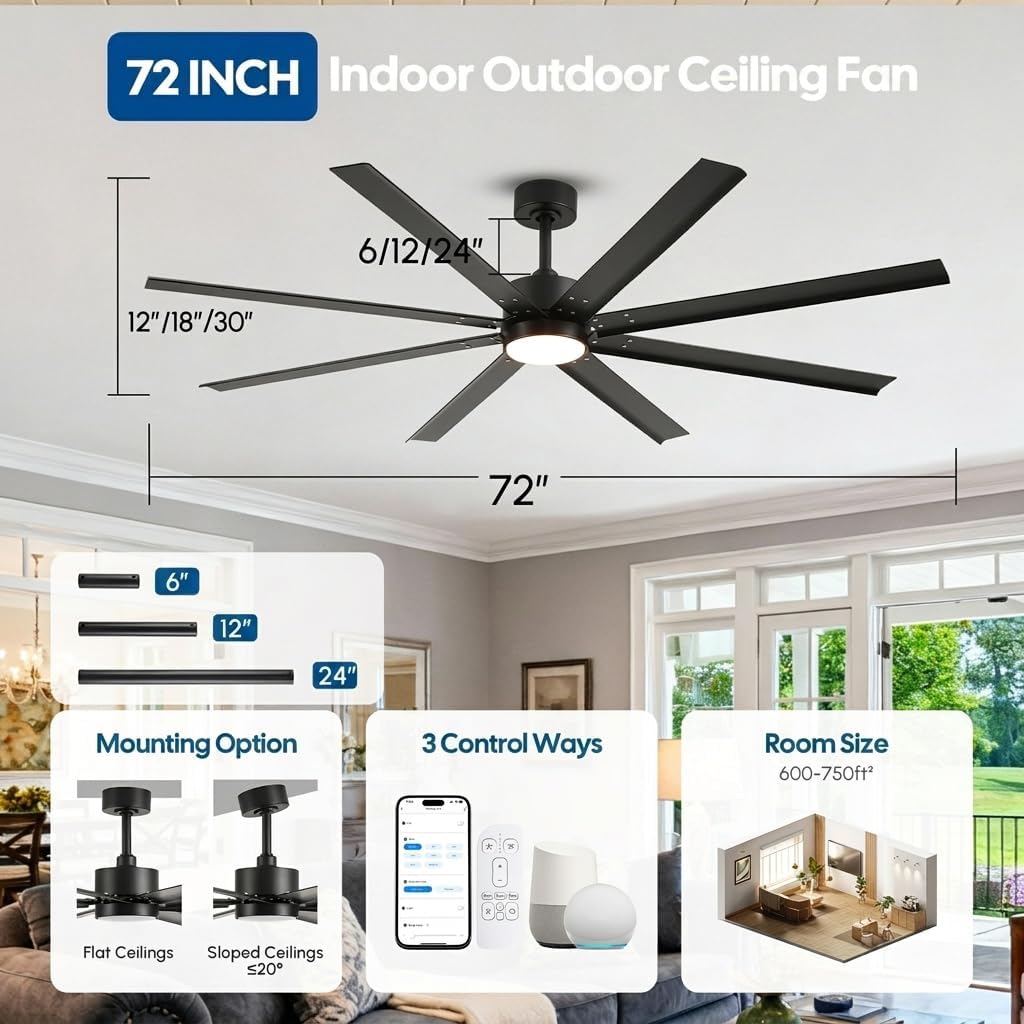 72 Inch Outdoor Smart Ceiling Fan with Lights, Waterproof All Weather Wet Rated, 8 Black Industrial Aluminum Blades, High CFM Quiet DC Motor, Alexa/App Control for Patio, Gazebo & Large Commercial