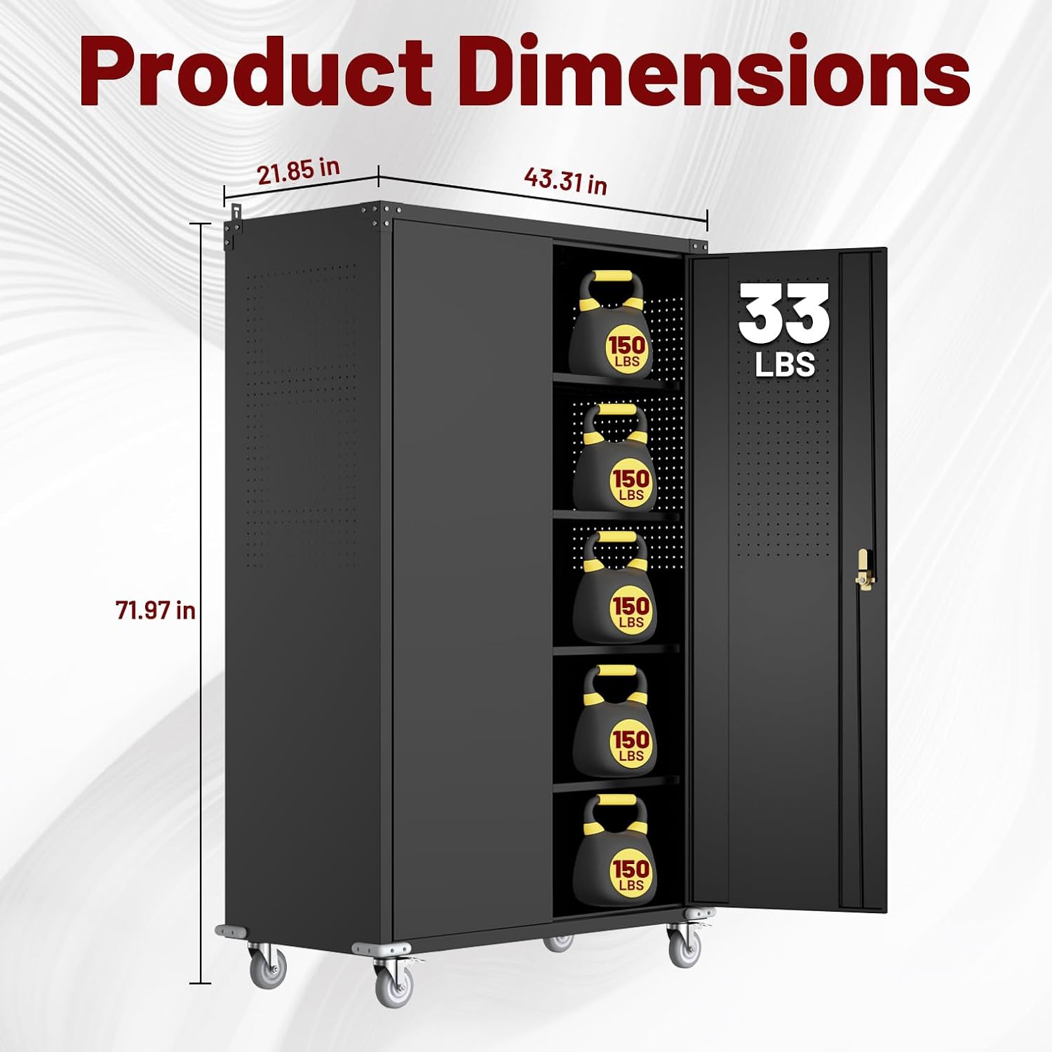 Tall & Wide Metal Garage Storage Cabinet with 4 Adjustable Shelves, 43''W x 22''D x 72''H with Wheels & Pegboards, Heavy Duty Lockable Garage Cabinet for Warehouse, Basement, Office, Gym
