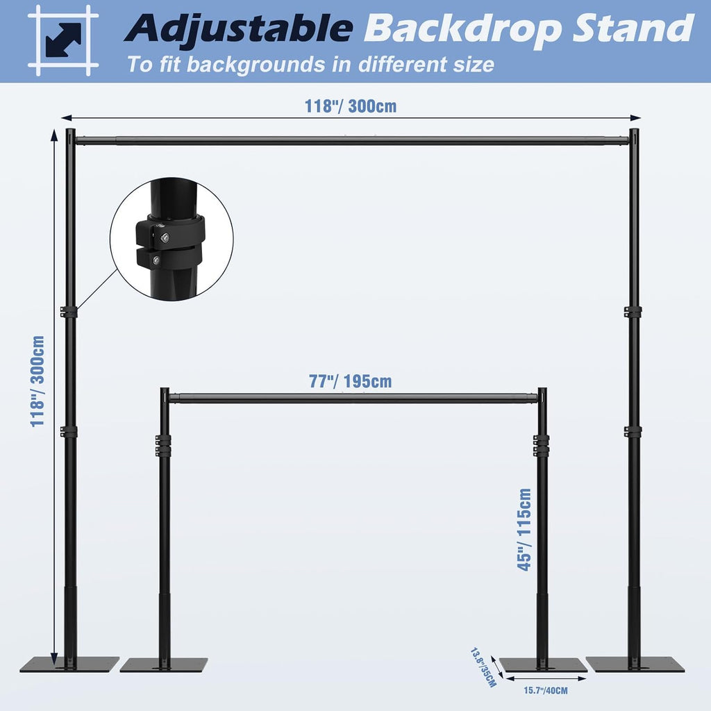 TOCRETOARE Heavy Duty Backdrop Stand, 10x10ft Pipe and Drape Backdrop Stand Kit with Upgrade Clip on Telescopic Poles Frame and Metal Base, Background Holder for Parties Wedding Birthday Photography