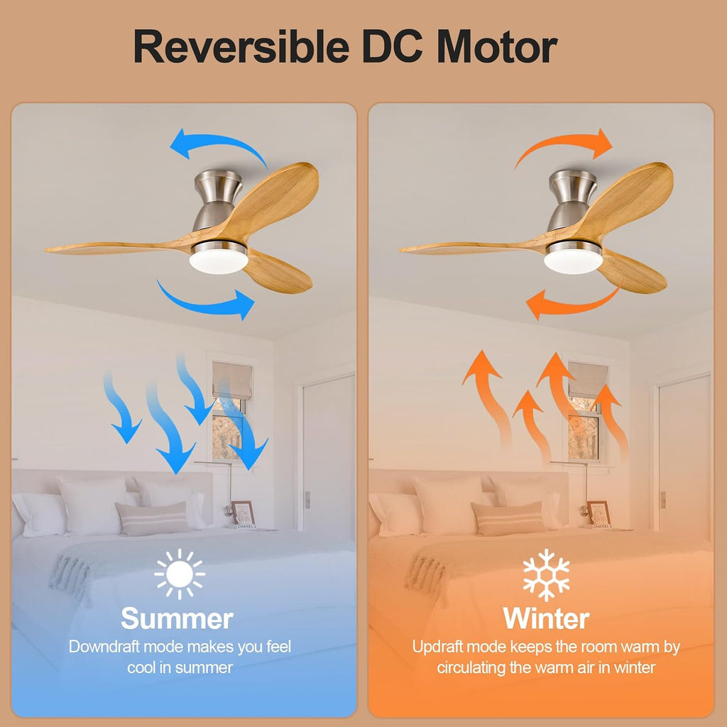 42 Inch Flush Mount Ceiling Fans with Lights and Remote, Dimmable 3 Blade Wood Bedroom Ceiling Fan with Lights Low Profile Ceiling Fan with Light Brushed Nickel Outdoor Ceiling Fans for Patios