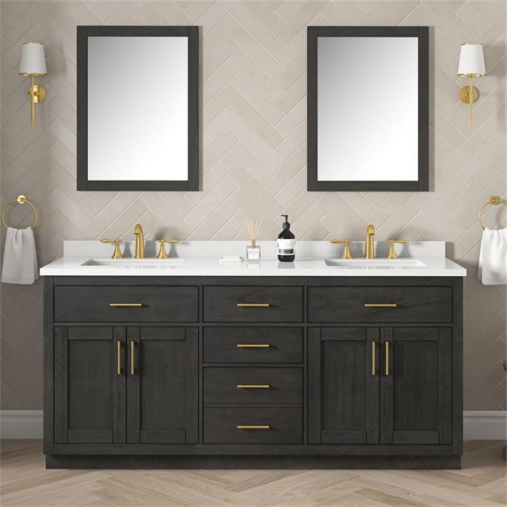 Pemberly Row 72' Double Bathroom Vanity, Matte Black Wood Finish, White Quartz Countertop with 2 Undermount Sinks, Soft-Close Storage, Shaker Style, Power Bar, Master or Guest Bathroom Use