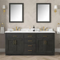 Pemberly Row 72' Double Bathroom Vanity, Matte Black Wood Finish, White Quartz Countertop with 2 Undermount Sinks, Soft-Close Storage, Shaker Style, Power Bar, Master or Guest Bathroom Use