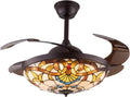 TFCFL 42 Inch Tiffany Style Invisible Ceiling Fan with Lights and Remote Control,Retractable Blades 3 Speeds 3 Light Changes Fandelier Chandelier Fan,Indoor Ceiling Lighting Fixture