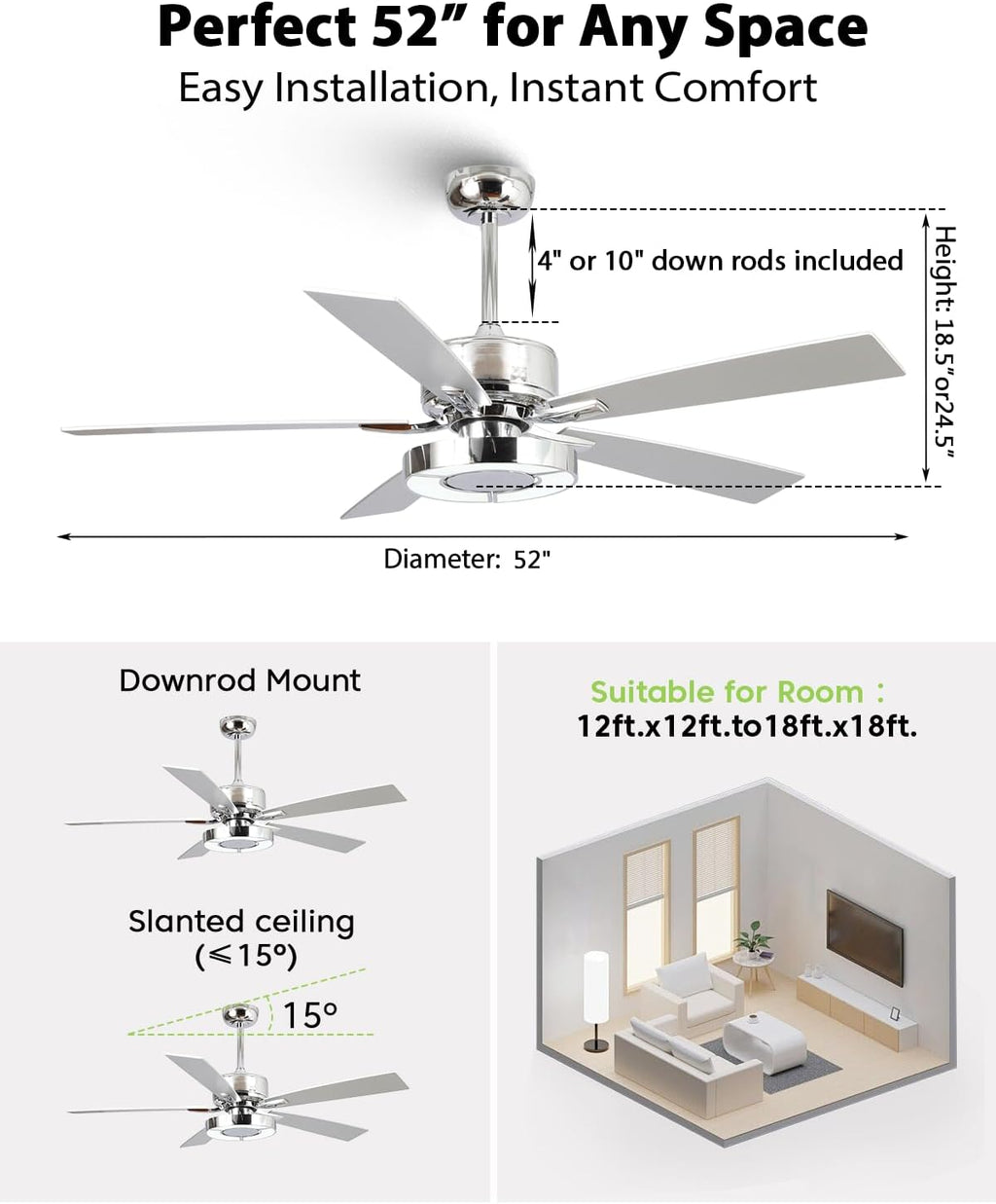 52 Inch Silver Ceiling Fans with Lights and Remote, Creative Modern Ceiling Fan, 3CCT, 6 Speeds, Quiet, Dual-Sided Reversible 5 Blades Indoor Outdoor Chandelier Fan for Bedroom Living Room