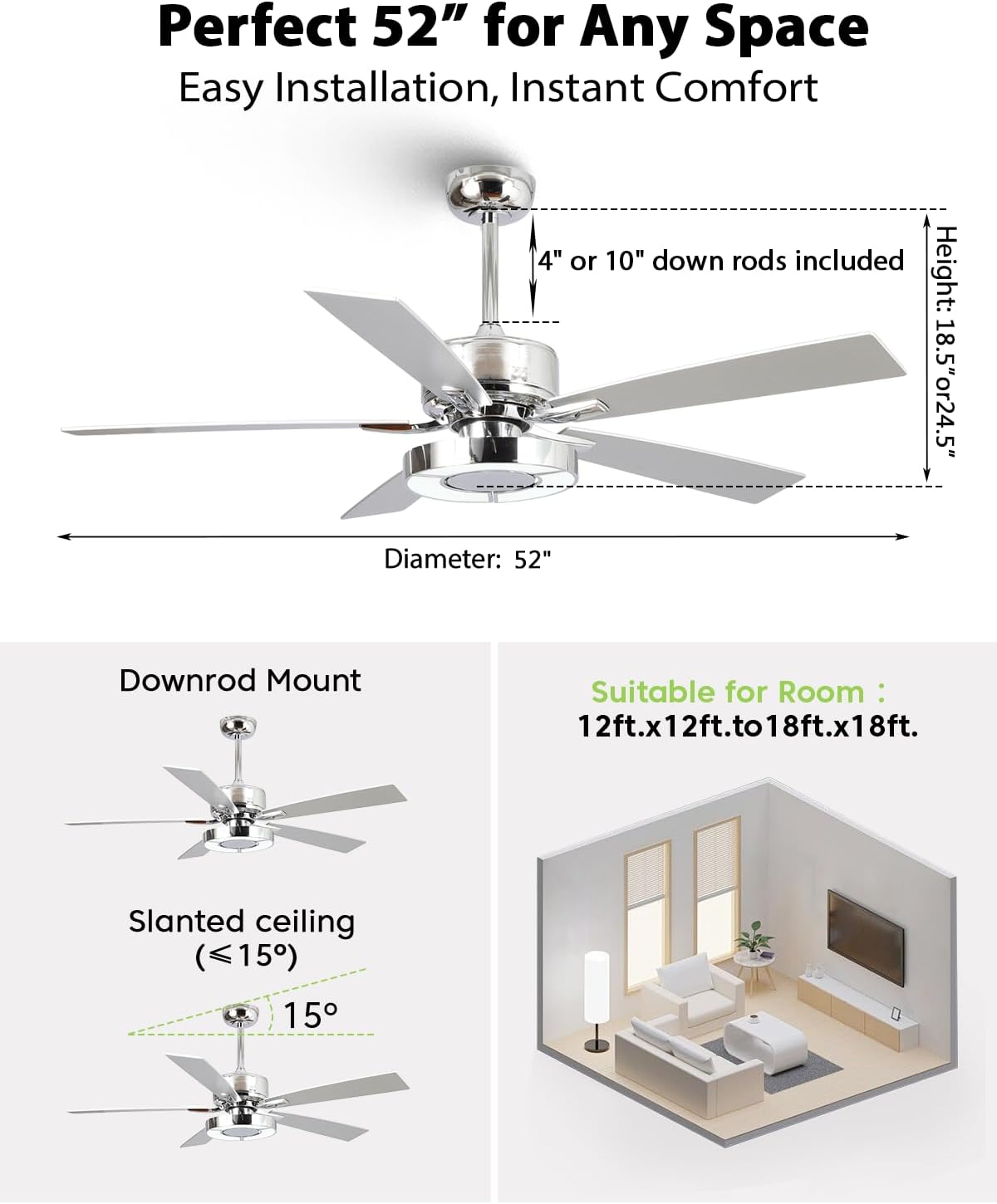52 Inch Silver Ceiling Fans with Lights and Remote, Creative Modern Ceiling Fan, 3CCT, 6 Speeds, Quiet, Dual-Sided Reversible 5 Blades Indoor Outdoor Chandelier Fan for Bedroom Living Room
