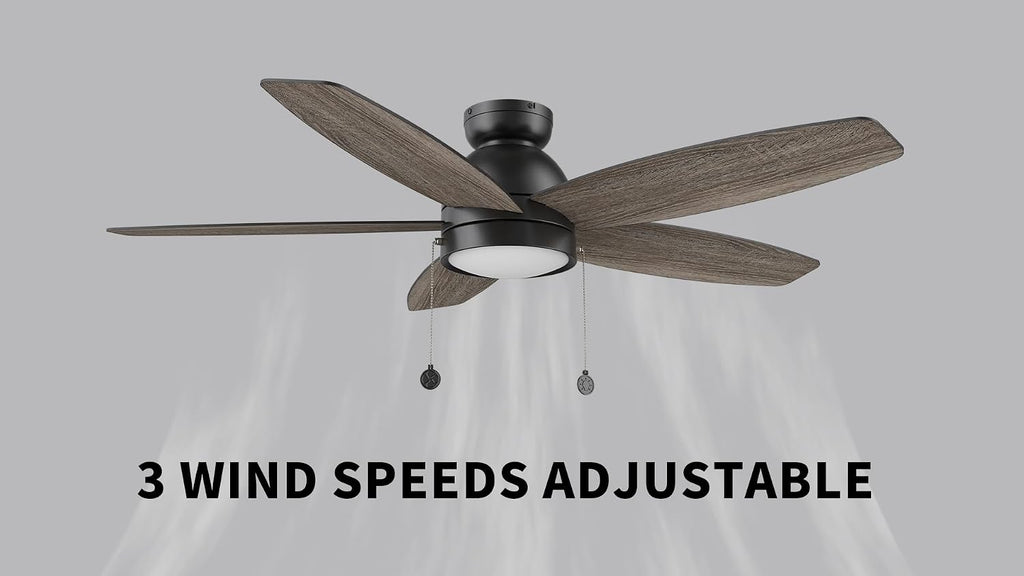 SMAAIR Pull Chain Ceiling Fans with Lights for Bedroom, 52' Low Profile Modern Ceiling Fan with Light, Flush Mount, 3 Blades, Dimmable, DC Motor, Indoor Use,Wooden/Walnut