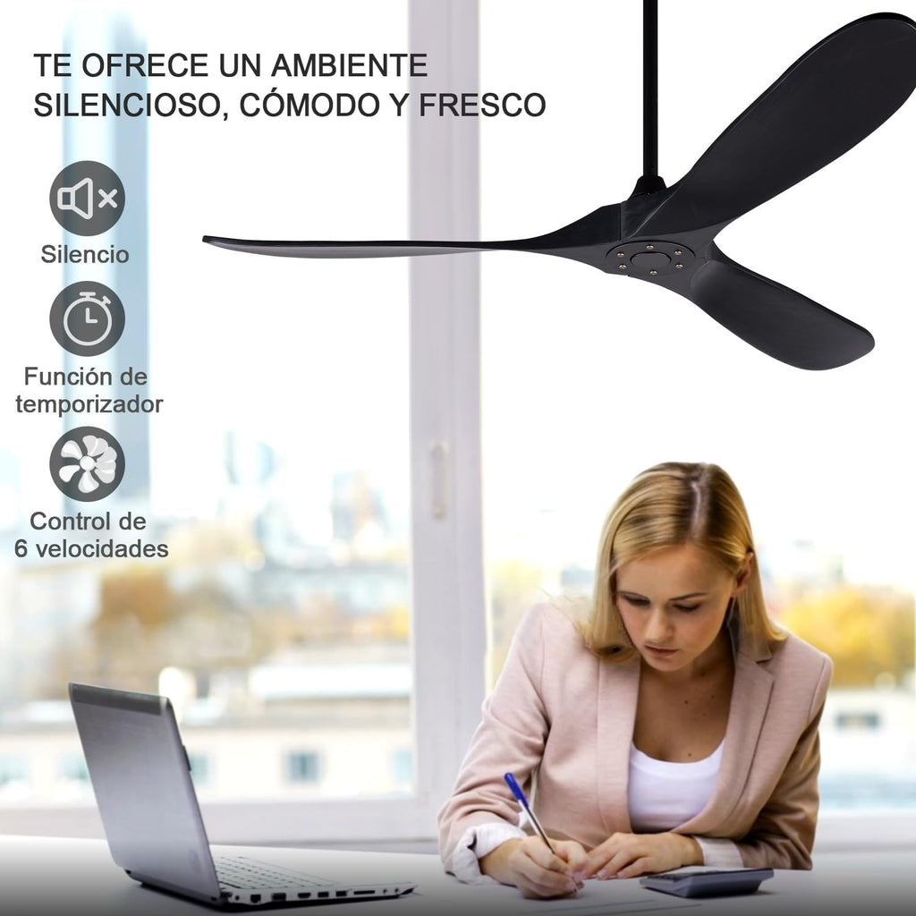 60 Inch Ceiling Fans without Lights, Black Ceiling Fans no Lights with Remote Control, 3 Solid Wood Blades, Indoor Outdoor Ceiling Fan for Patios Living Room