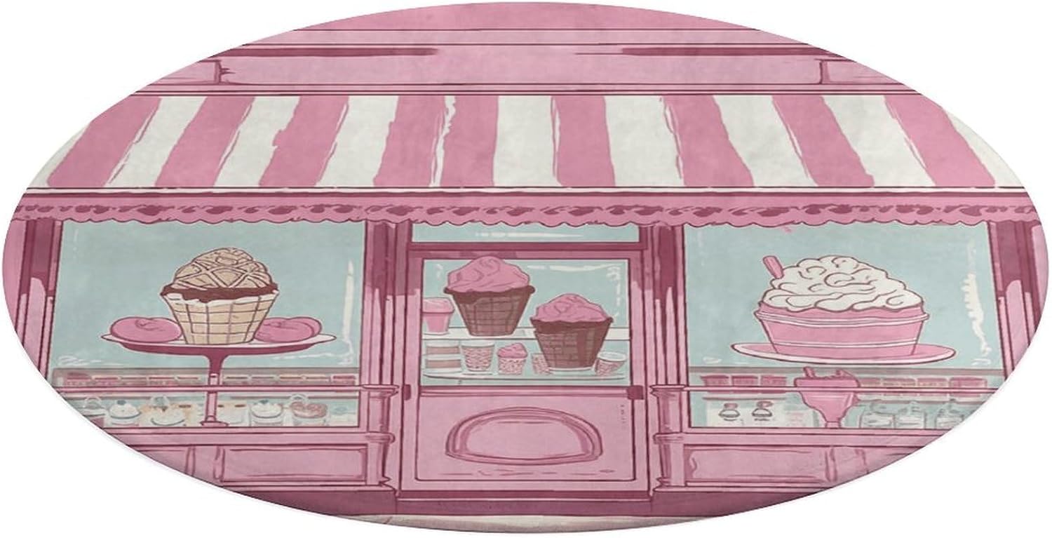 Ice Cream Store Pink Coral Velvet Round Floor Mat Non-Slip Bath Rug Floor Covering for Bathroom Vanity Guest Suite & Vacation Home
