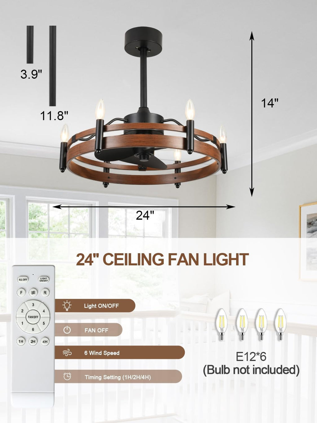 Bella Depot 24' Farmhouse Ceiling Fan with Light – Wagon Wheel Fandelier, 6-Light Industrial Rustic Chandelier Fan, Remote Control, for Bedroom Kitchen Dining Room (Bulbs Not Included)