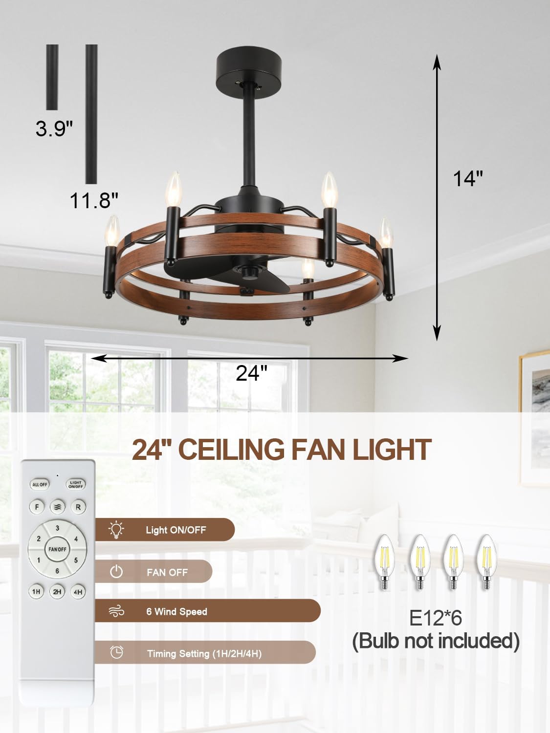 Bella Depot 24' Farmhouse Ceiling Fan with Light – Wagon Wheel Fandelier, 6-Light Industrial Rustic Chandelier Fan, Remote Control, for Bedroom Kitchen Dining Room (Bulbs Not Included)