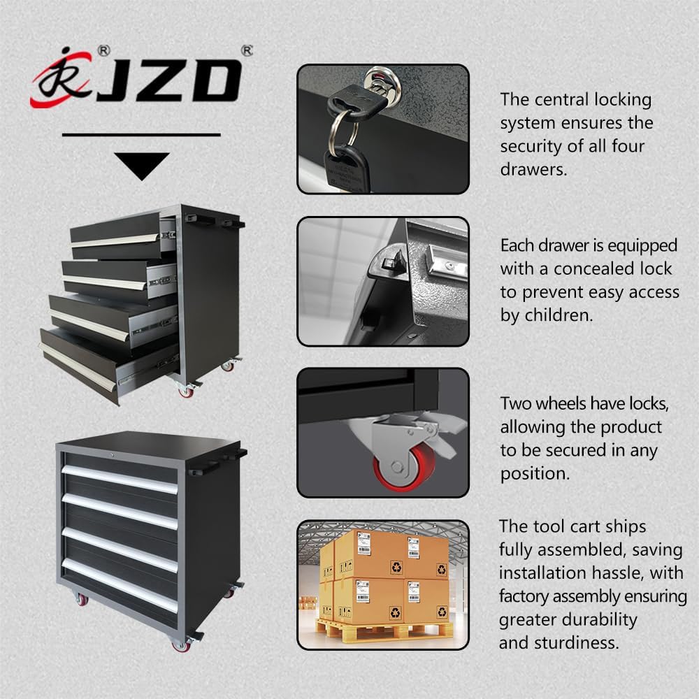 JZD Metal Garage Workbench with Storage and Cabinets for Workshop Utility Room, Included One Tool Cart, Wall Mounting Not Necessary
