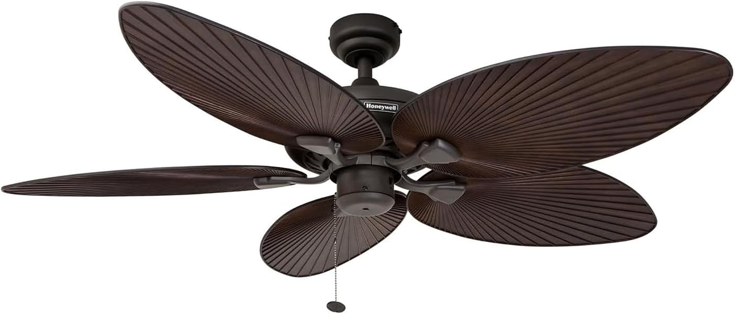 Honeywell Palm Island 52 Inch Tropical Indoor Outdoor Ceiling Fan, LED Light, 5 Palm Leaf Blades, Pull Chain Control, Quiet Motor, Oil Rubbed Bronze